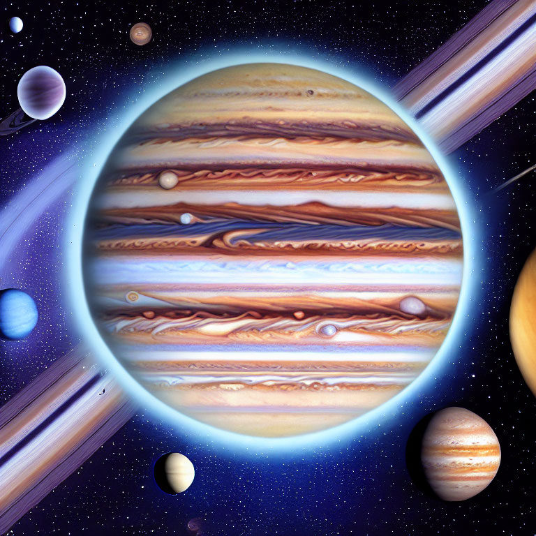 Colorful Jupiter with Striped Atmosphere Among Planets and Moons