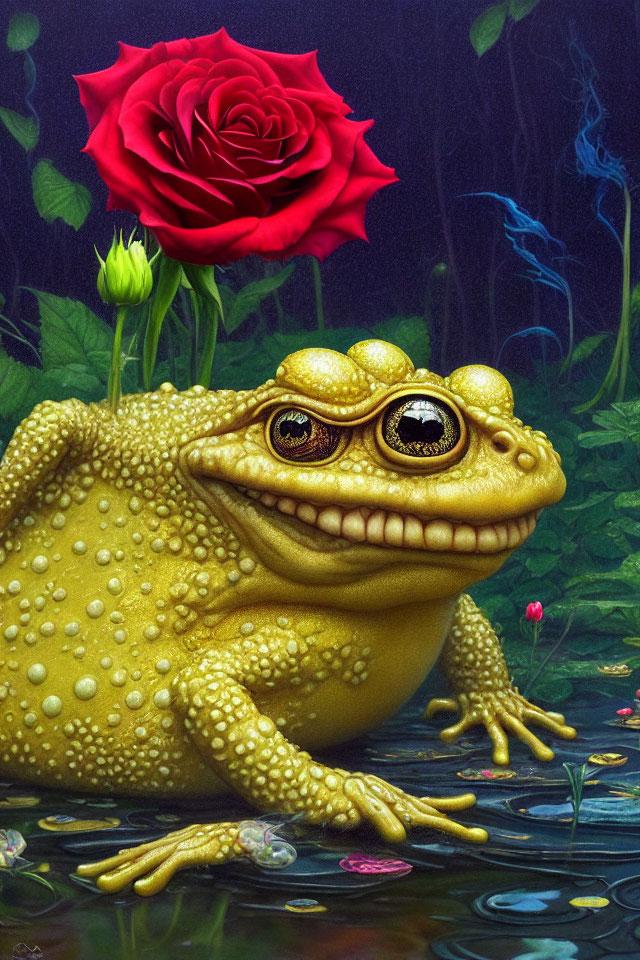 Surreal golden toad with sparkling eyes and red rose on dark aquatic background