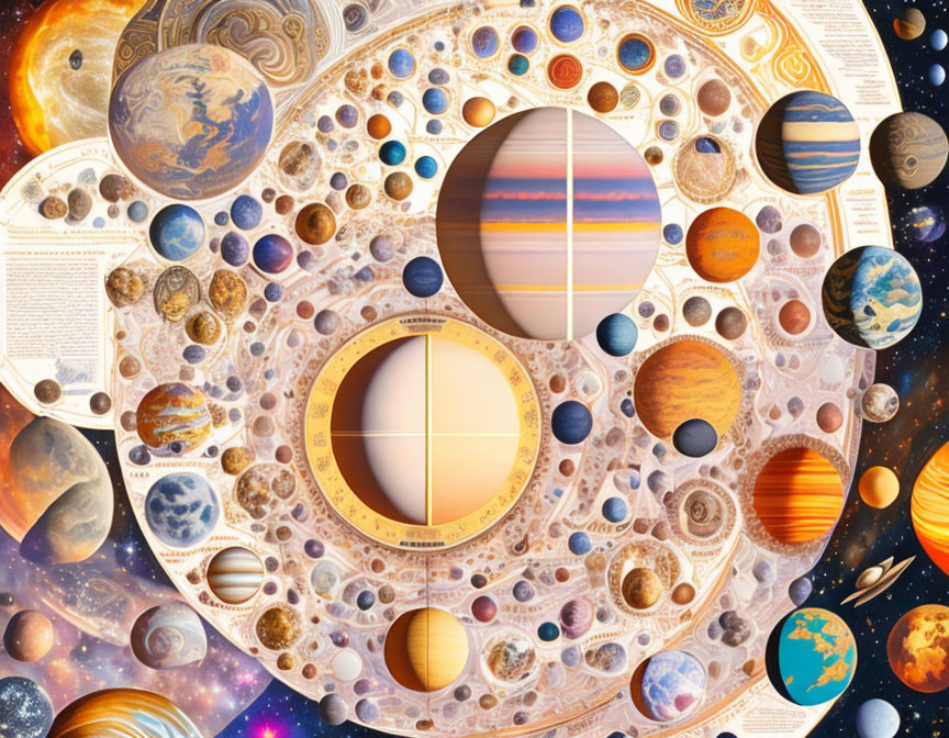 Colorful cosmic collage of planets, moons, and stars in circular arrangement