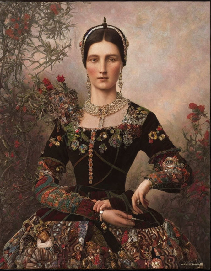 Traditional Portrait of Woman in Ornate Attire with Floral Backdrop