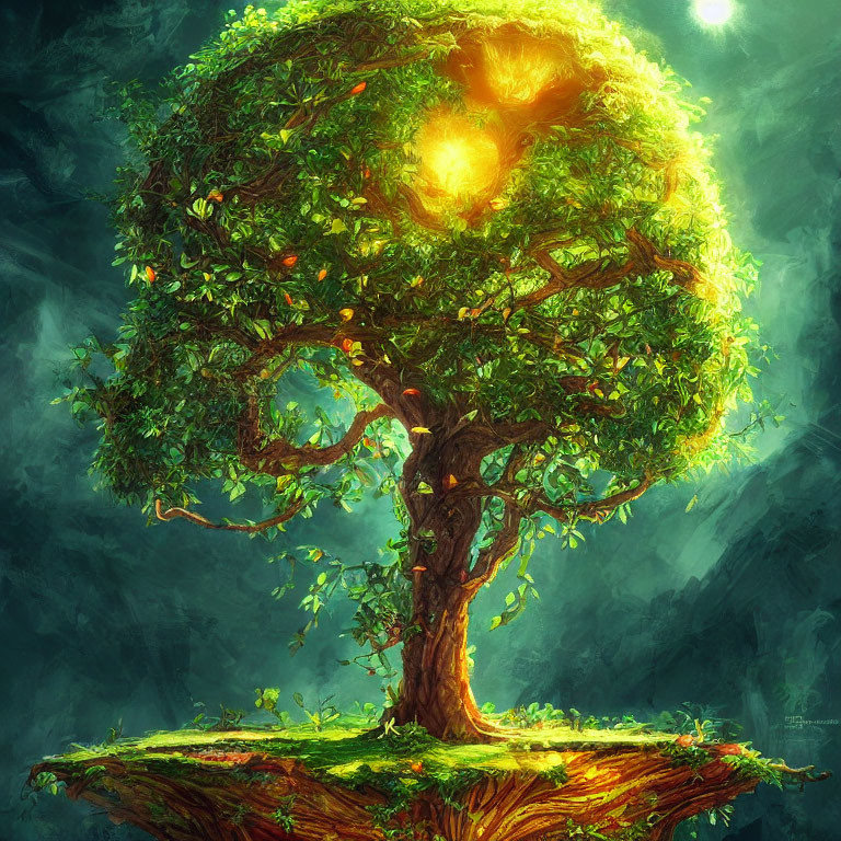 Magical tree illustration with luminous canopy and twisted branches