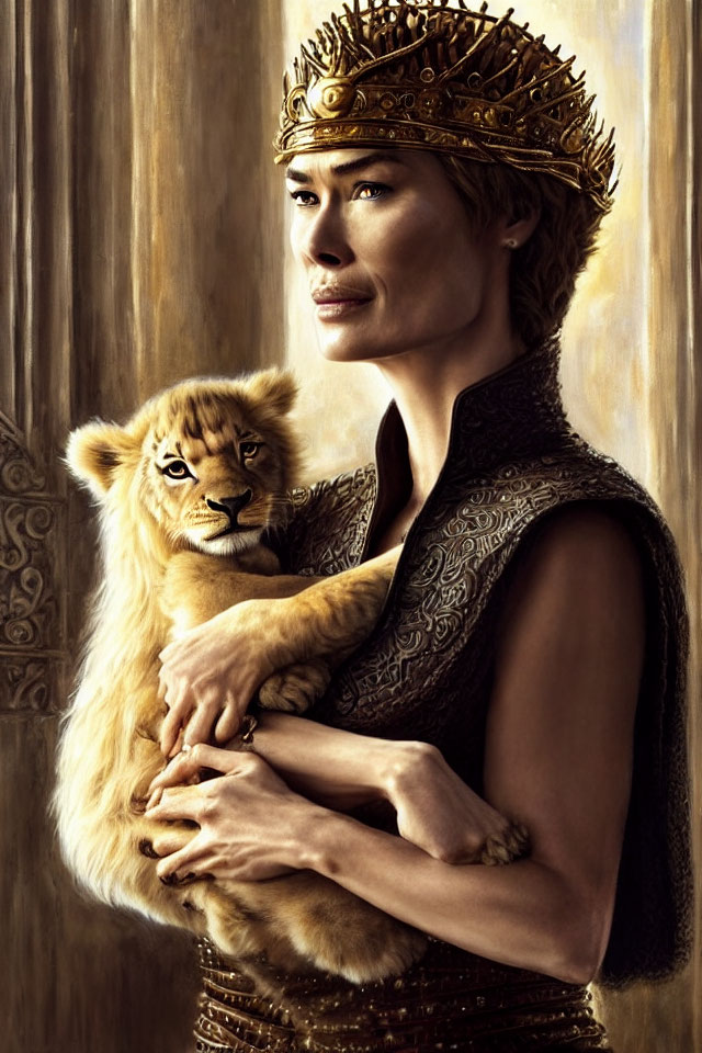 Regal woman with crown holding lion cub in golden setting