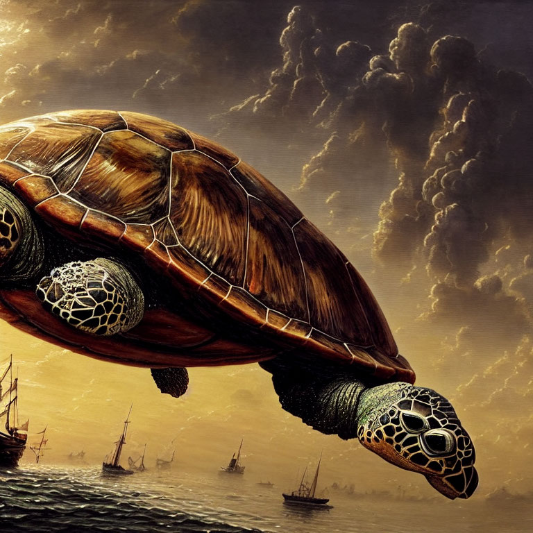 Giant sea turtle flying over sailing ships on golden ocean under dramatic sky