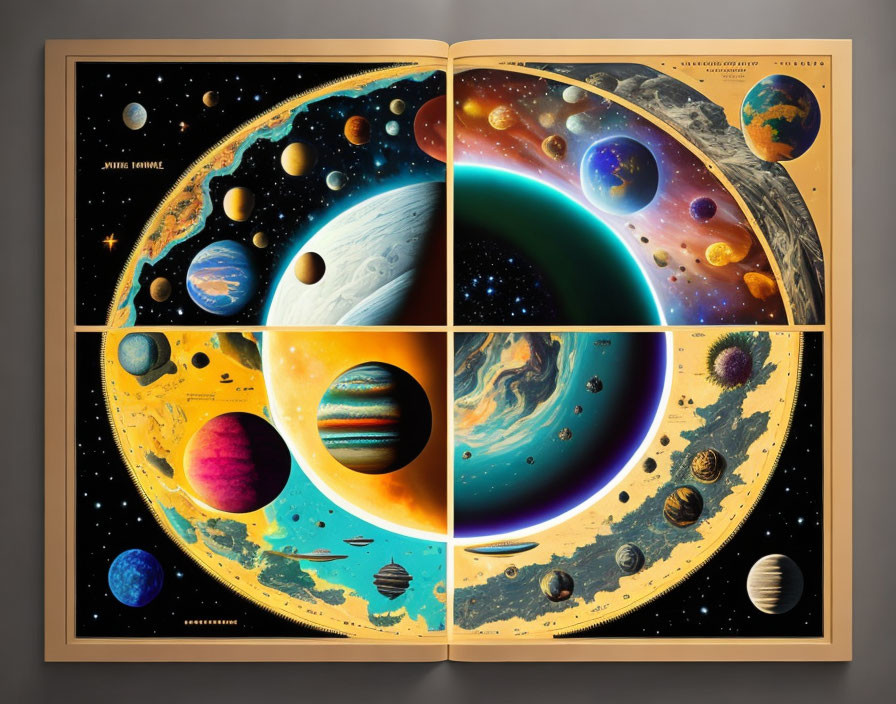 Illustrated open book showcasing stylized solar system planets.