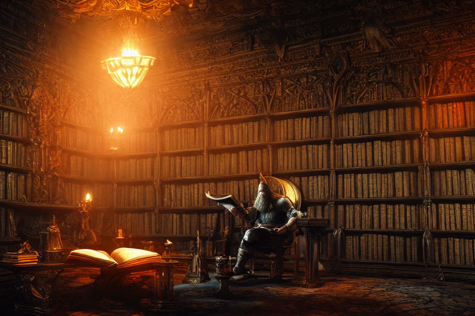 Armored knight reading in candle-lit grand library