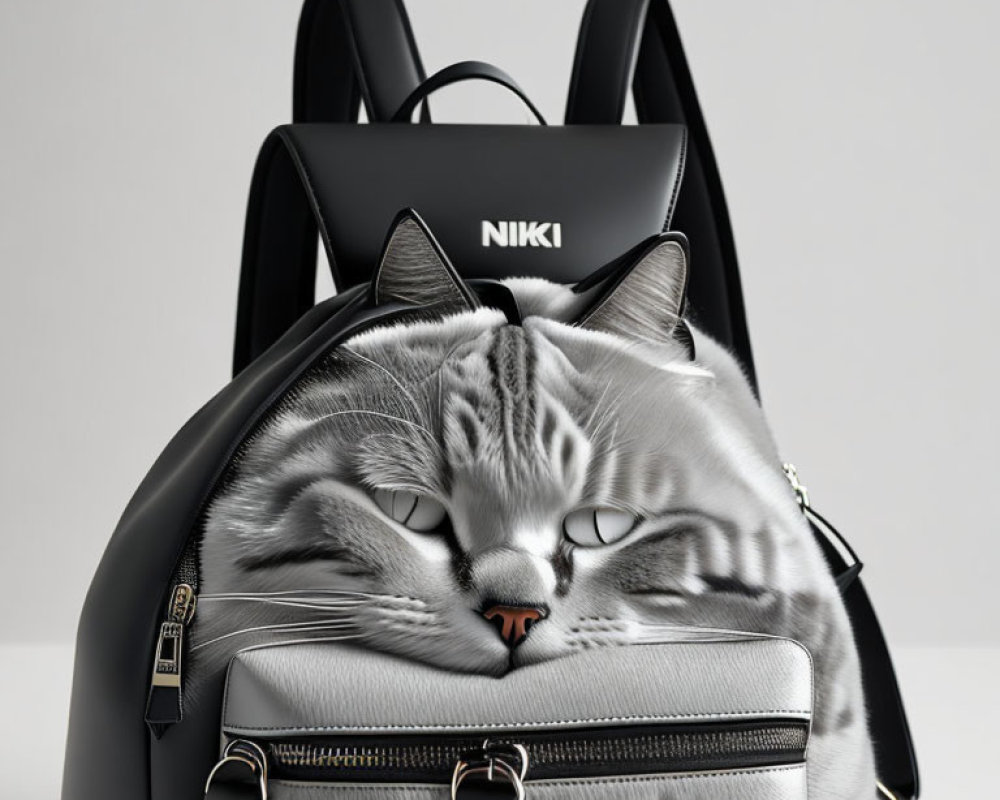 Black Leather Backpack with Realistic Cat Face Design and 3D Ears