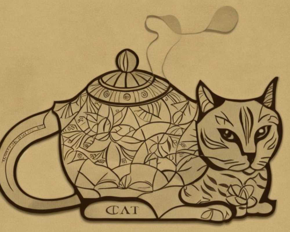 Cat and teapot fusion illustration with floral patterns and whimsical steam.