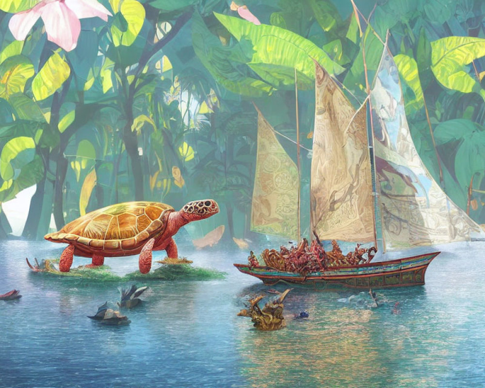 Miniature humanoids on sailboat with giant sea turtle in lush jungle