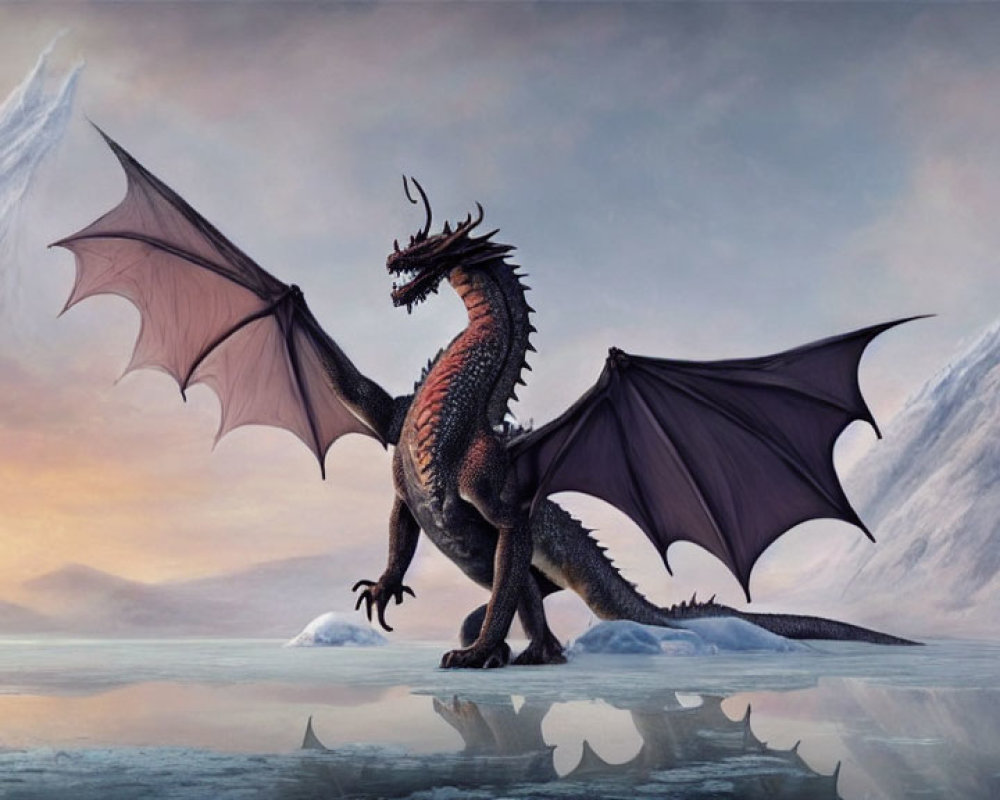 Majestic dragon with spread wings in mountain landscape