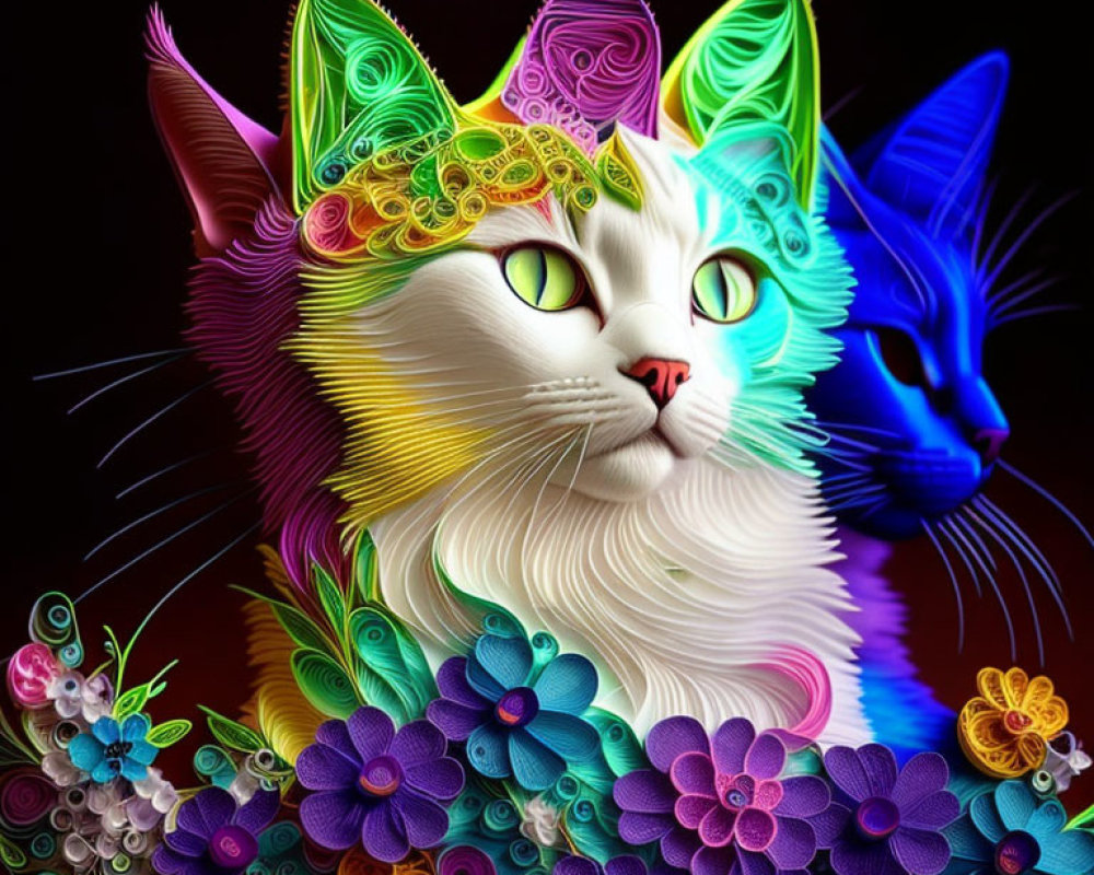 Colorful digital artwork of two stylized cats with floral designs