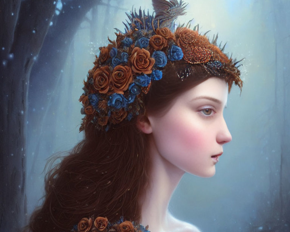 Profile of Woman with Blue Rose Crown and Bird in Misty Forest