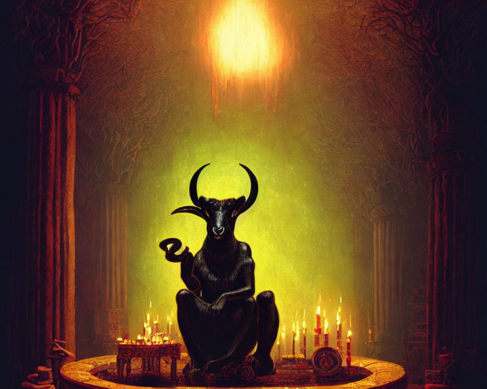 Dark chamber with horned figure at candlelit altar in green glow