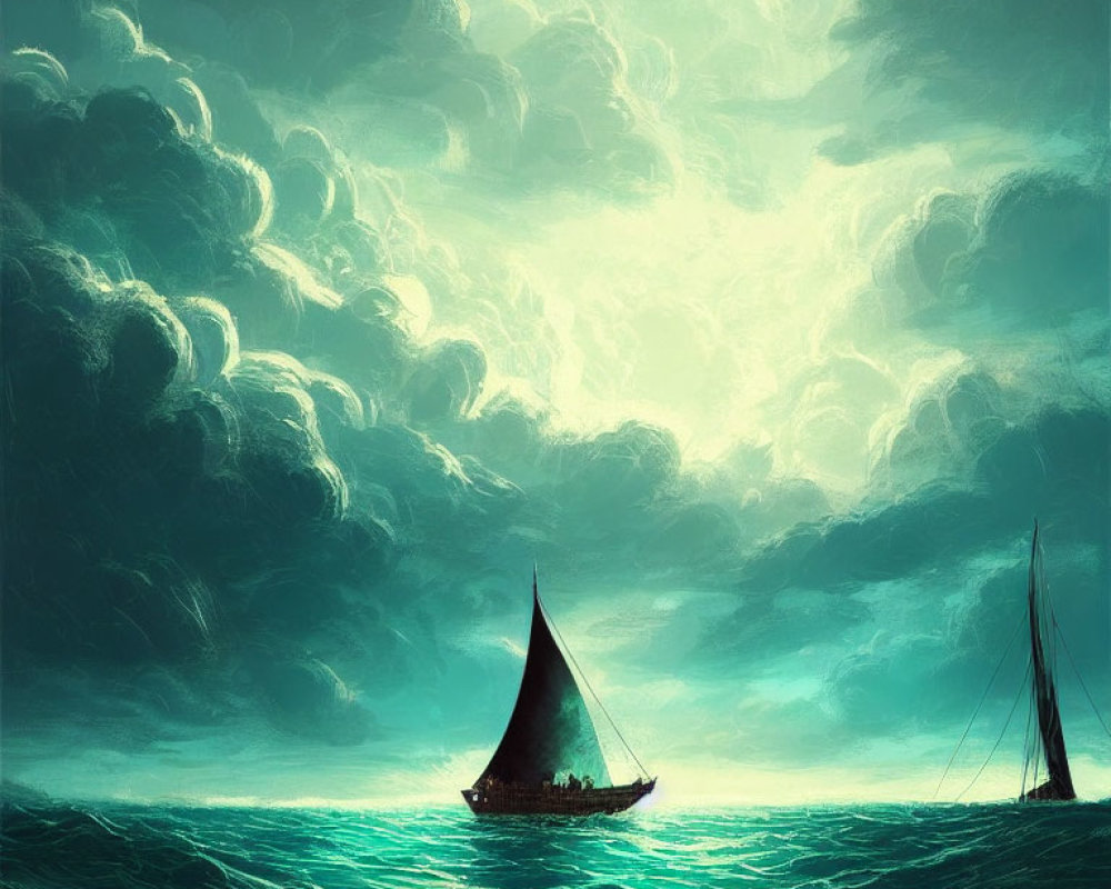 Sailboats painting on turbulent sea with teal sky