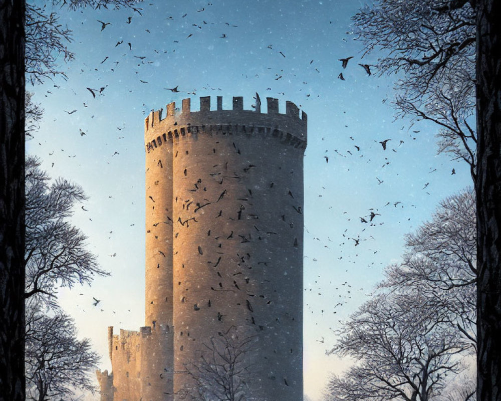 Stone tower in snowy landscape with flying birds and barren trees