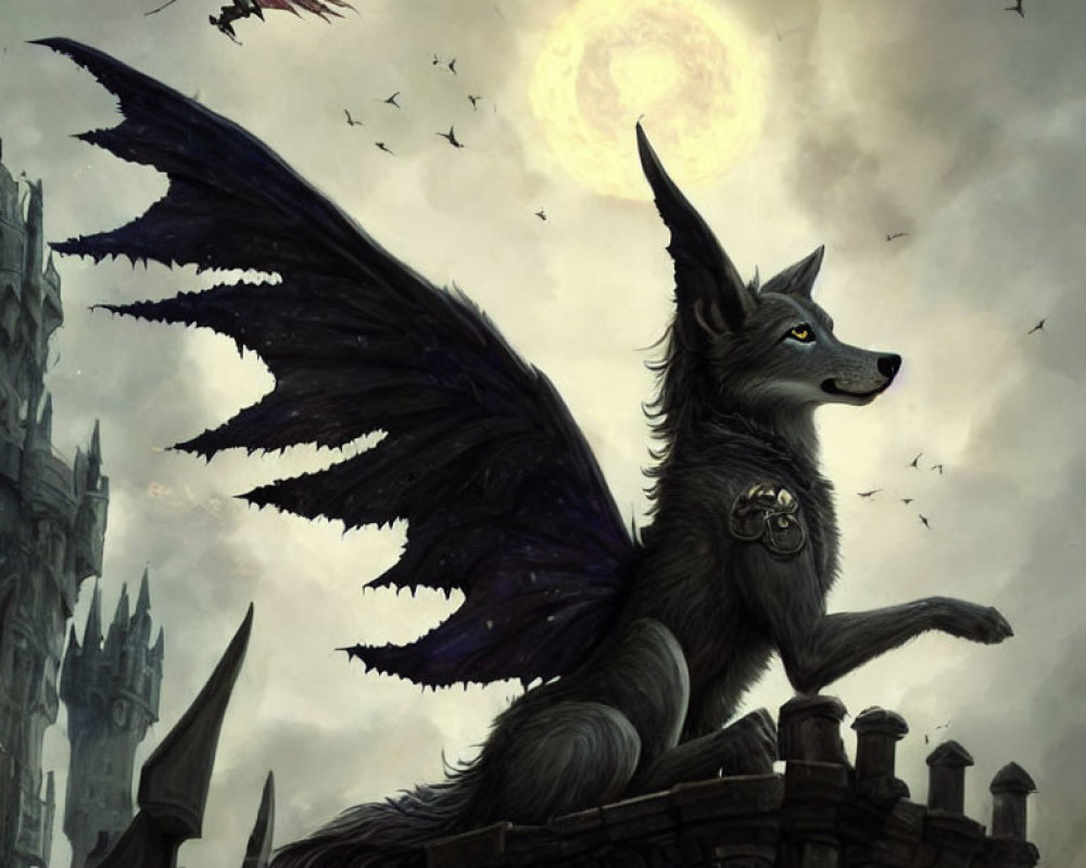 Majestic winged wolf on stone structure with castle, moon, birds, and dragon in glo