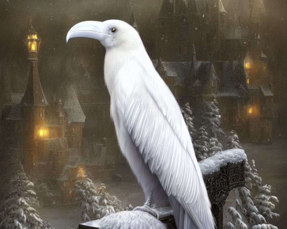 White raven on frosty railing with snowy castle at twilight