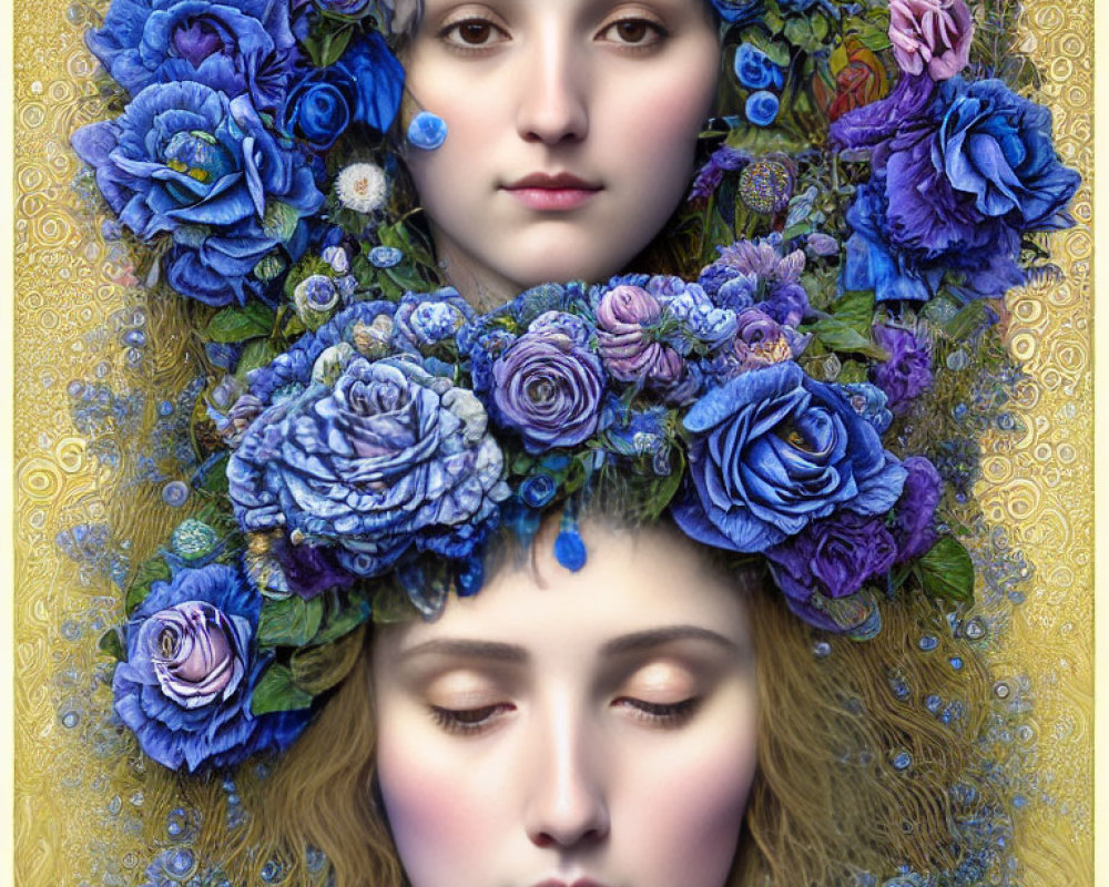 Serene women in blue floral headpieces on golden background