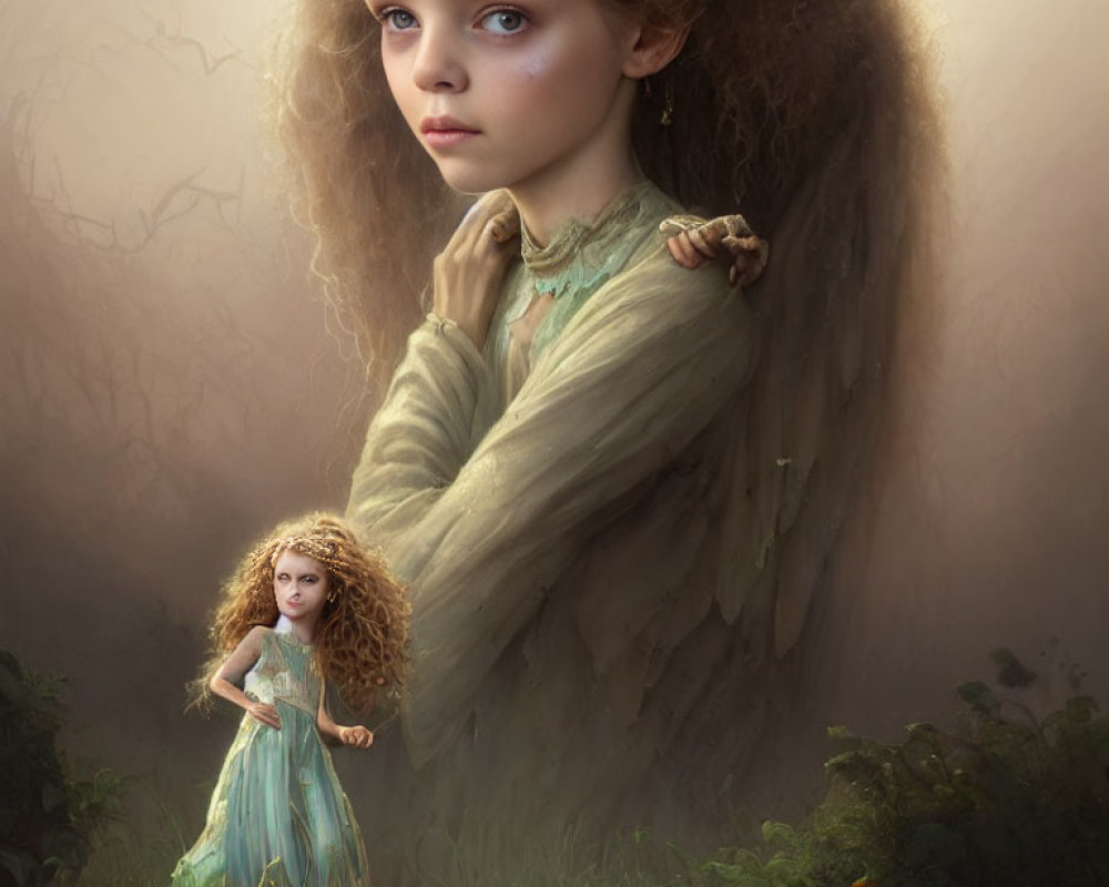 Young girl with curly hair in vintage dress in misty forest with mystical ambiance.