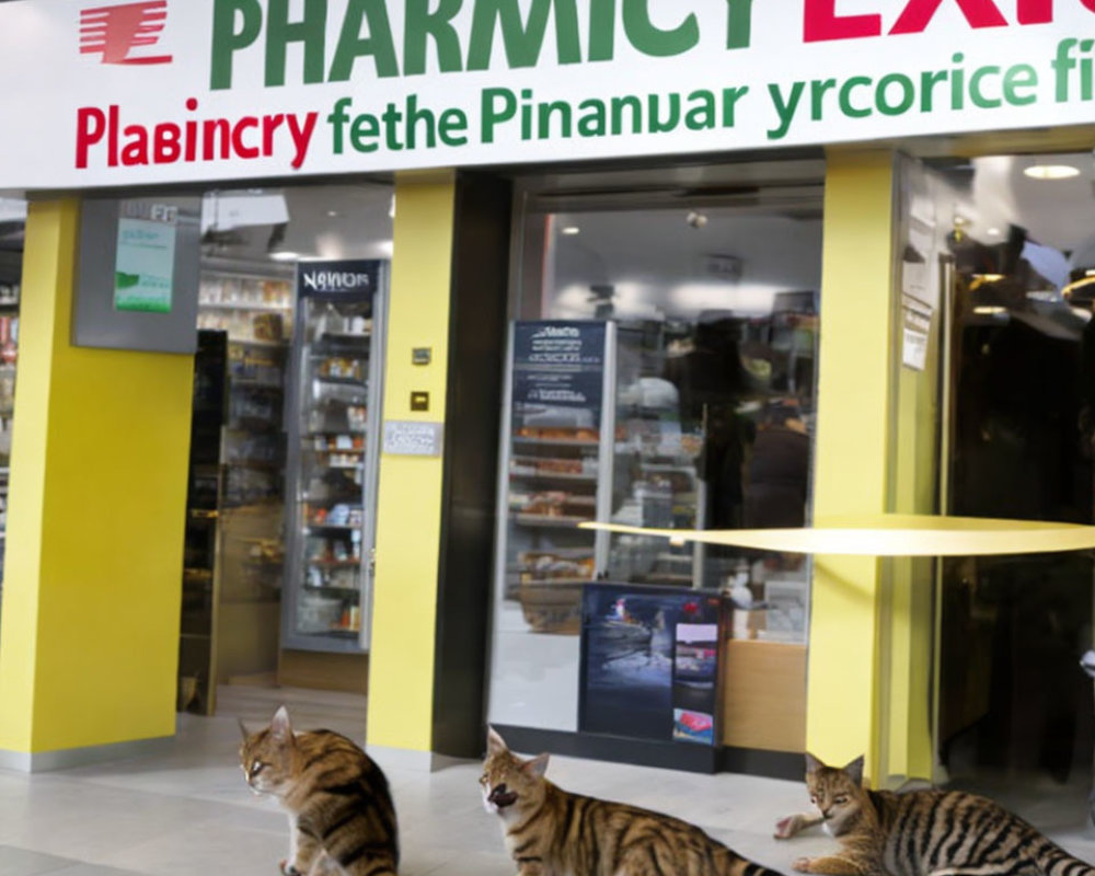 Three cats in front of pharmacy with yellow & red signboard.