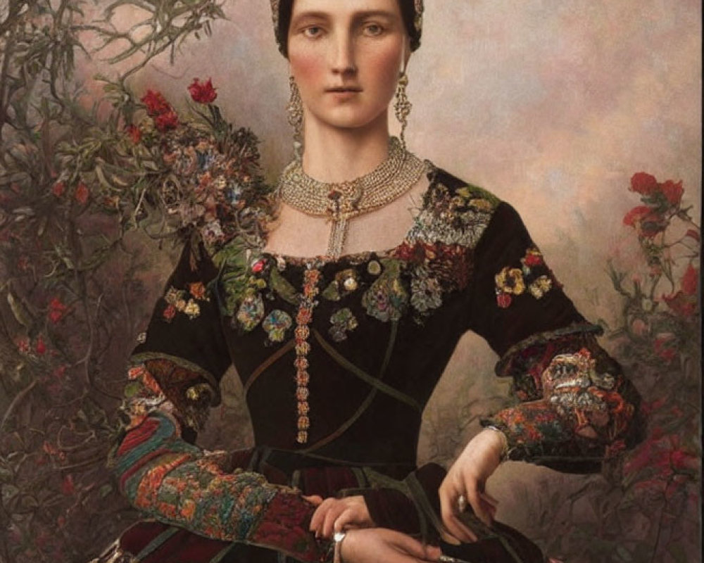 Traditional Portrait of Woman in Ornate Attire with Floral Backdrop