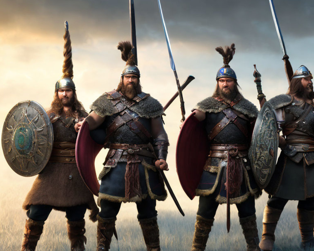 Viking warriors with swords and shields under dramatic sky