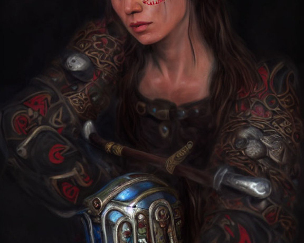 Warrior woman in intricate armor holding a helmet.