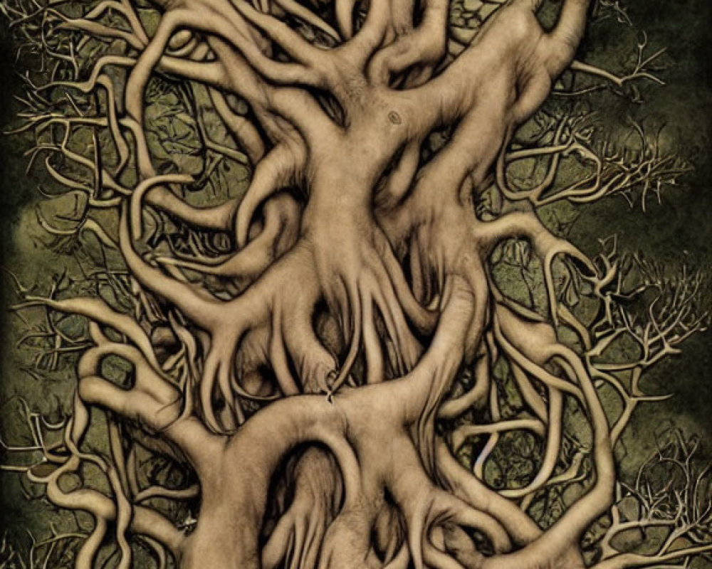 Illustration of old man's face merging with twisted tree roots