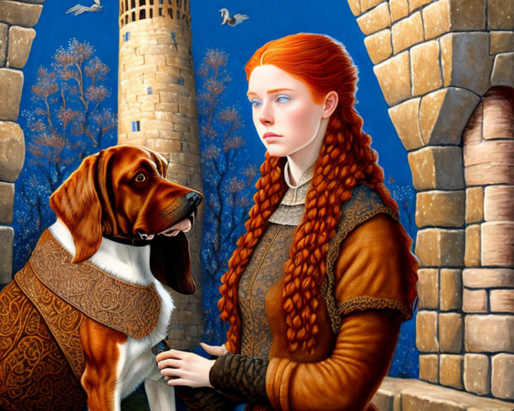 Medieval-themed painting: Red-haired woman with braids and dog in stone arches landscape