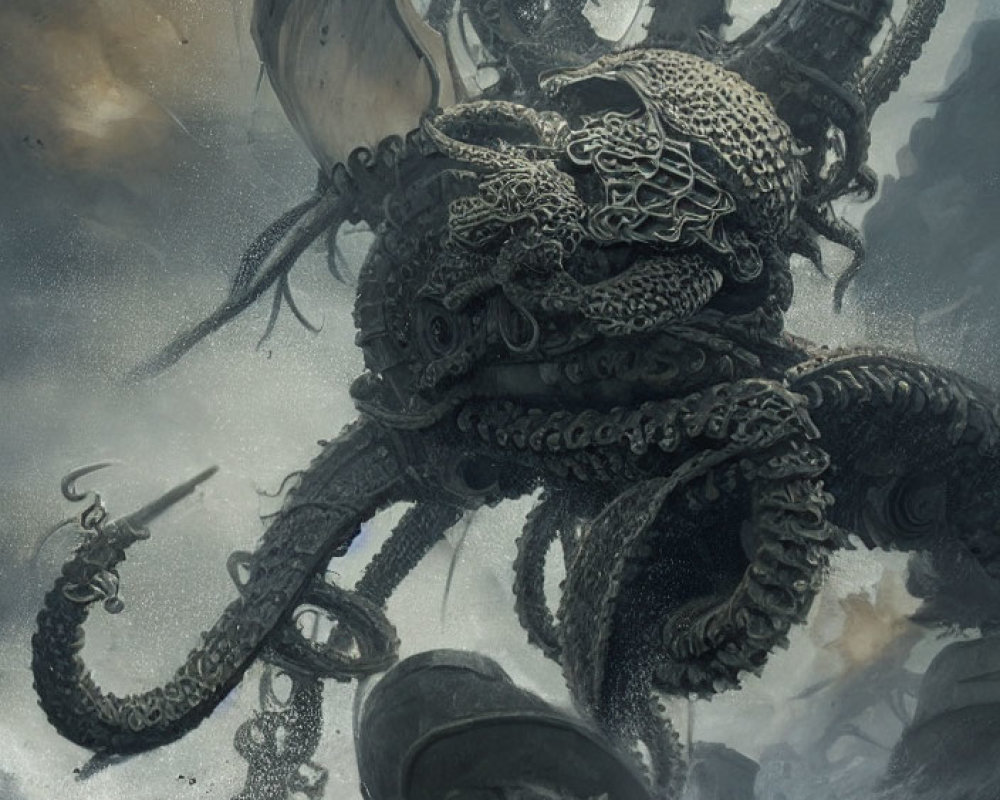 Gigantic octopus creature with tentacles on shipwreck in stormy sky