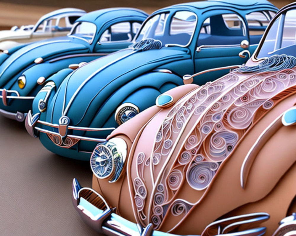 Stylized Vintage Cars with Floral Designs and Detailed Ornamentation