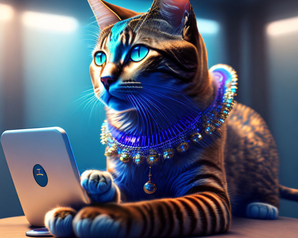 Stylized cat with jewelry looking at smartphone in dimly lit room