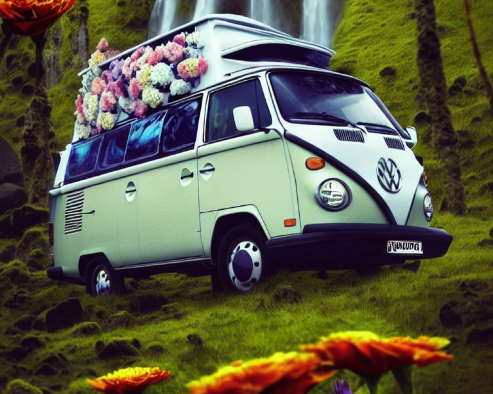 Vintage Volkswagen Van with Flowers Parked Near Waterfall