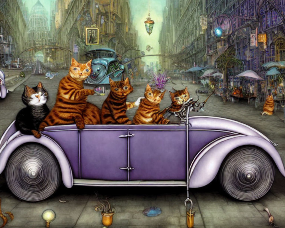 Four cats in vintage purple car in whimsical city with intricate architecture