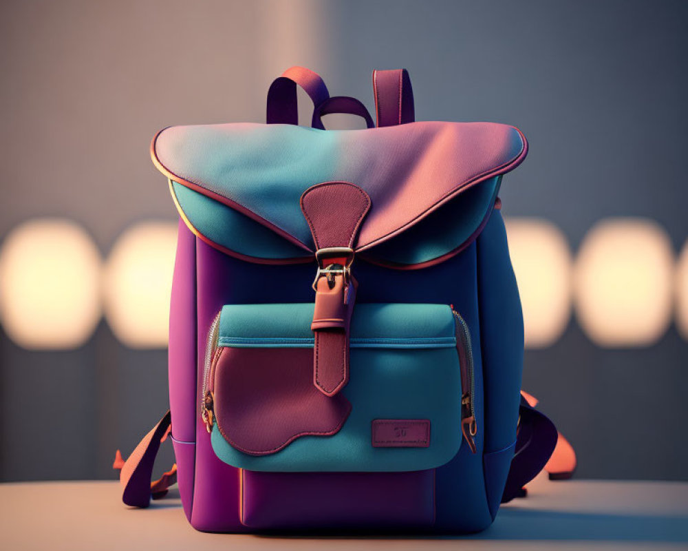 Colorful Leather Texture Backpack with Front Pocket & Metallic Buckle