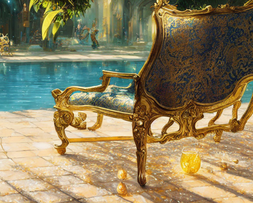 Luxurious Golden Bench with Blue Upholstery by Tranquil Pool and Columned Pavilion