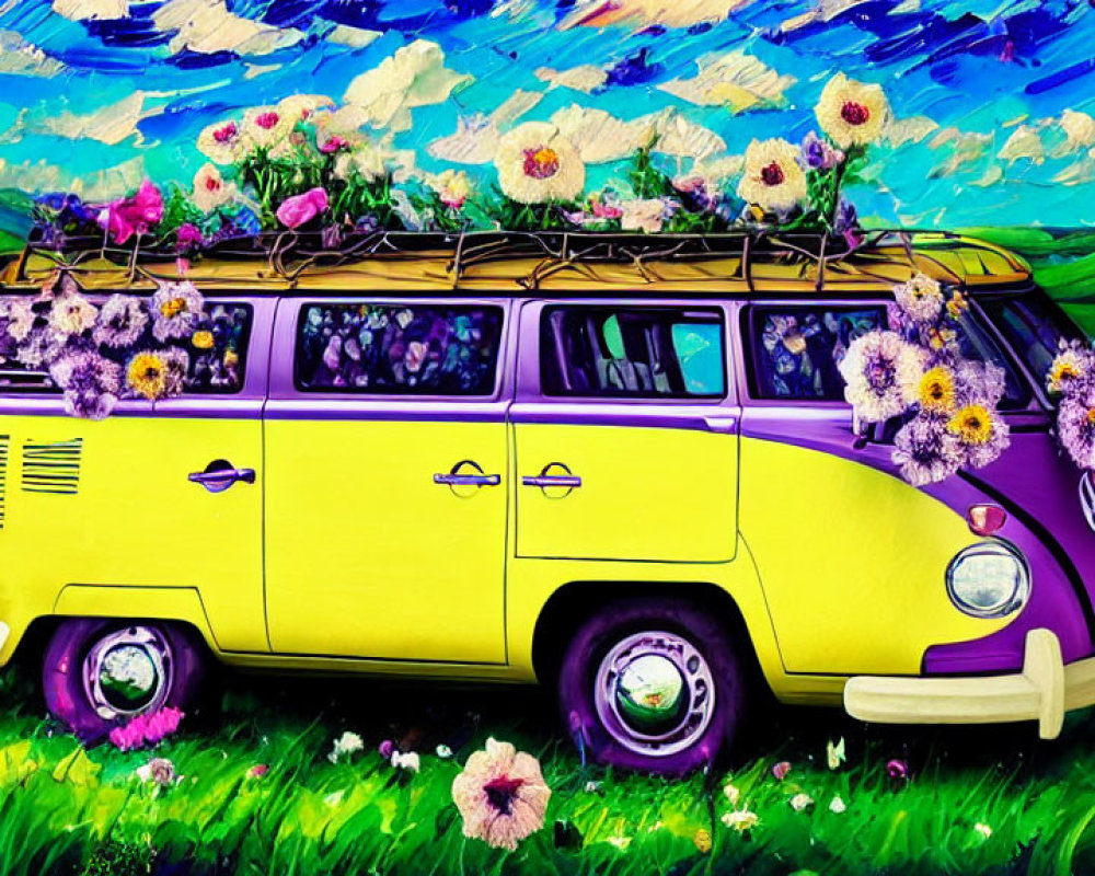 Colorful VW Bus Painting with Flowers on Vibrant Background