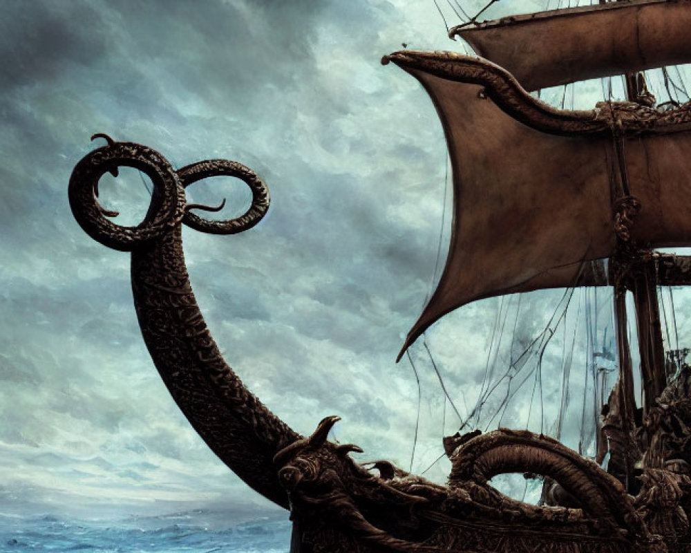 Tall ship caught in storm with sea monster tentacles