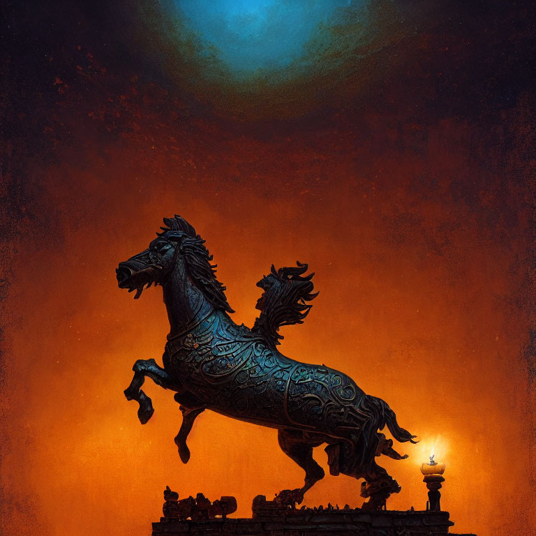 Ornate black horse statue under dusky sky with halo and small figures