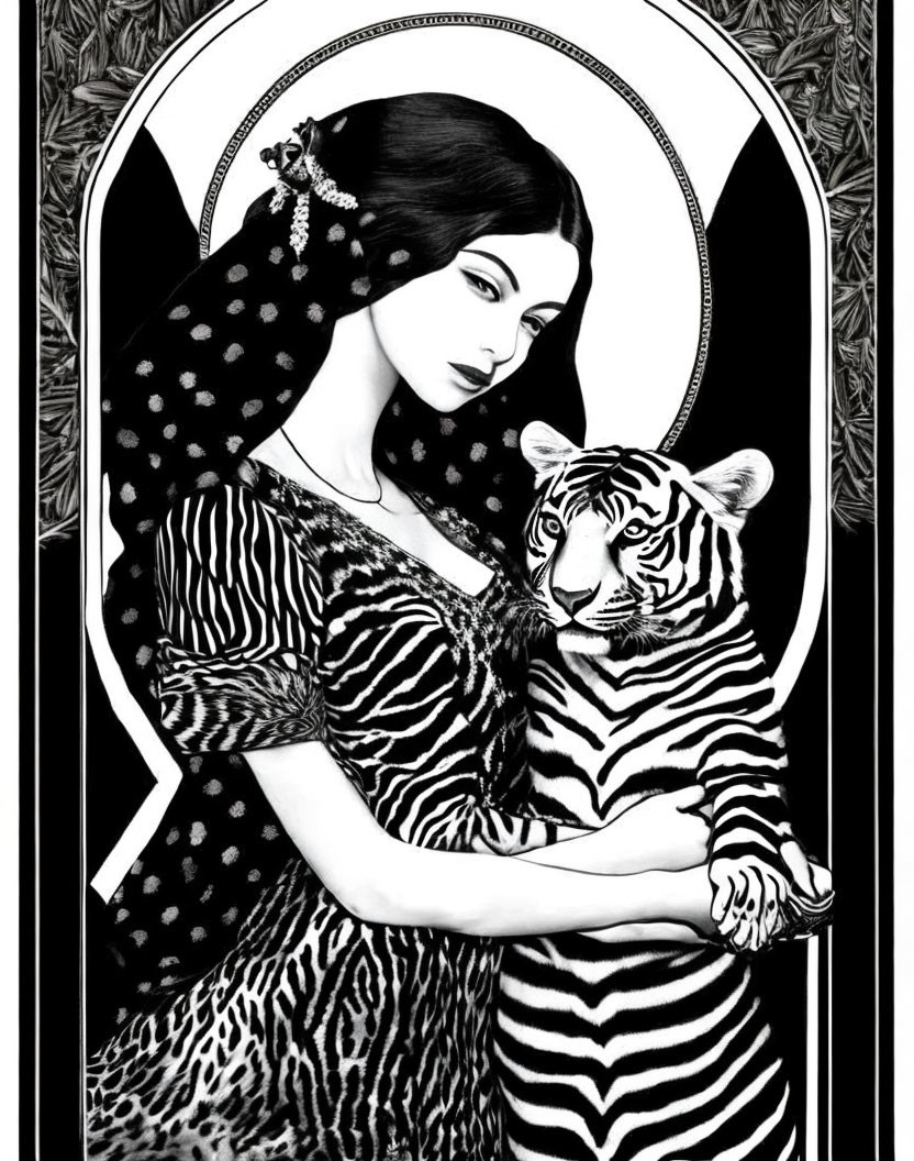 Monochrome illustration of woman with headscarf and tiger in ornate border