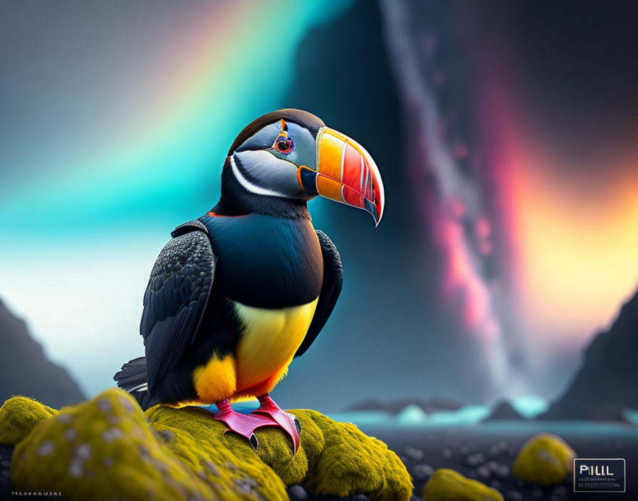 Colorful toucan on mossy rock with erupting volcano in background