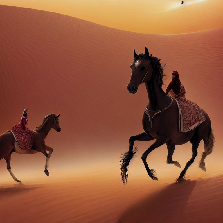 Two riders on horses galloping on desert dune at dusk