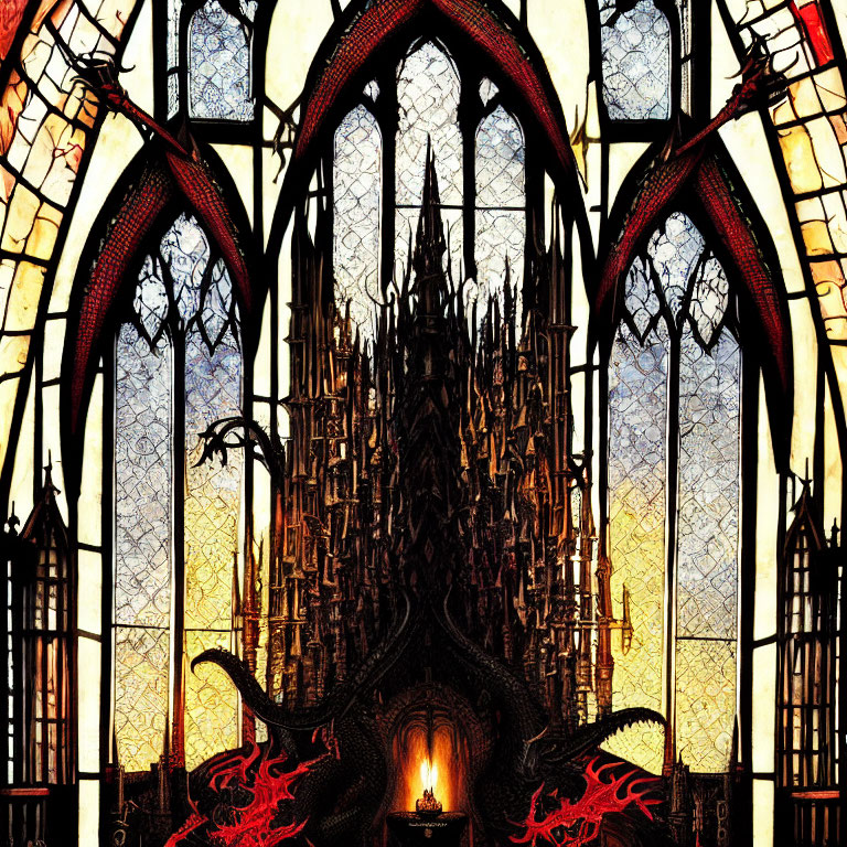 Intricate Gothic-style stained glass windows and ornate red dragon motifs altar