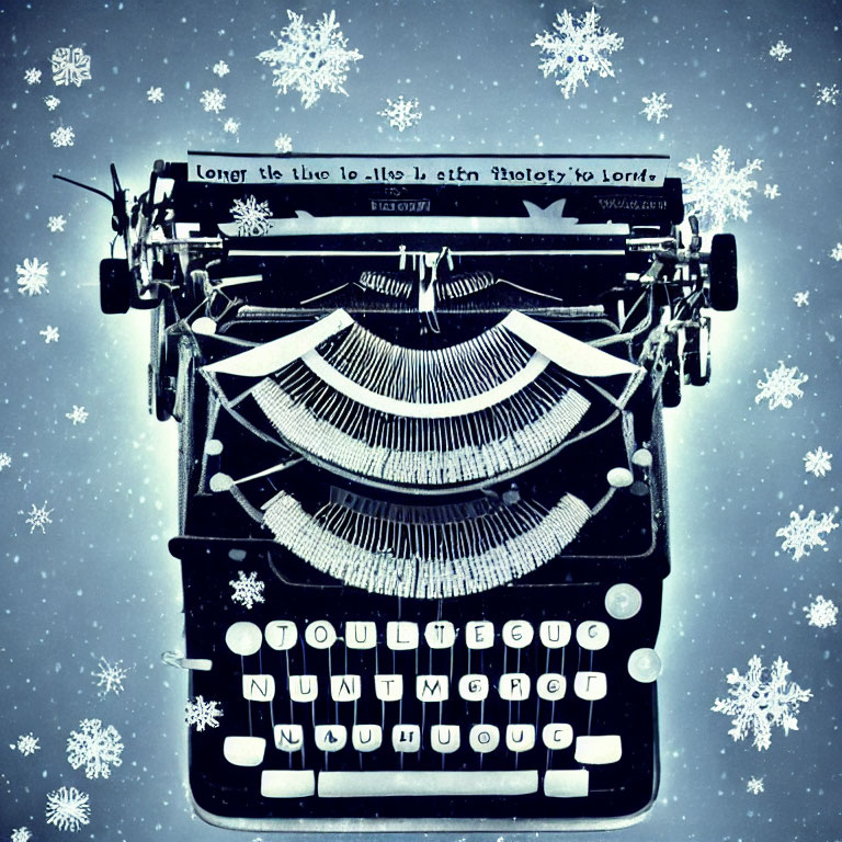 Vintage typewriter with paper and snowflakes on blue snowy background