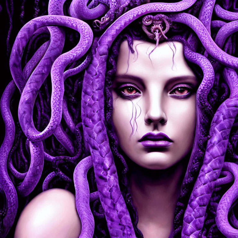 Digital Artwork: Woman with Purple Serpentine Hair & Medusa-like Features