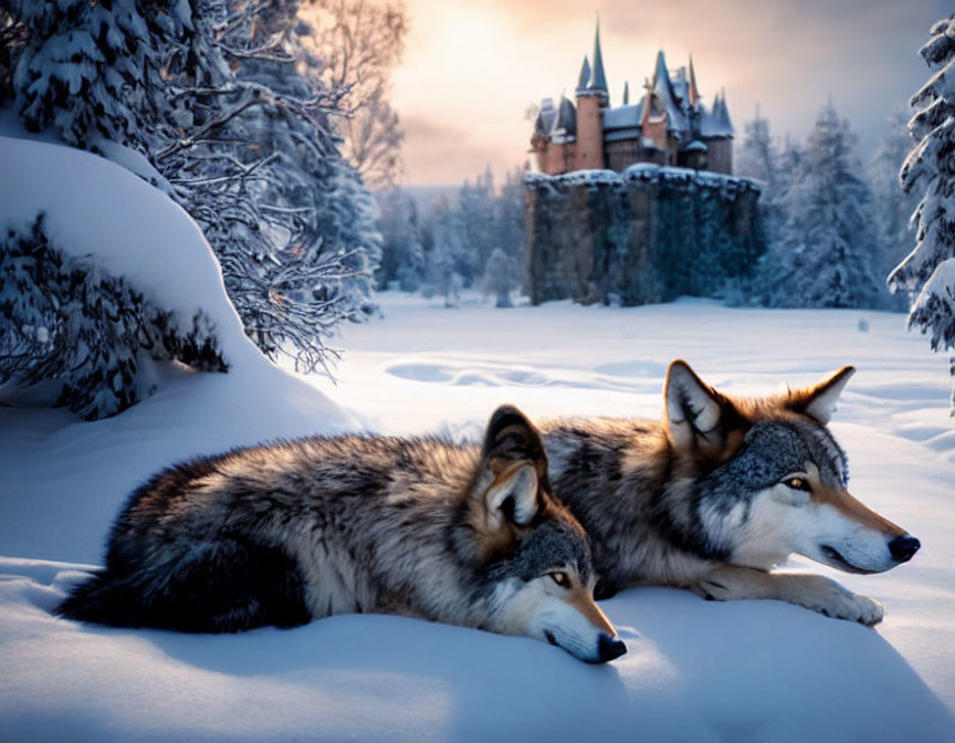 Two wolves resting in snow with castle and snow-covered trees backdrop at twilight