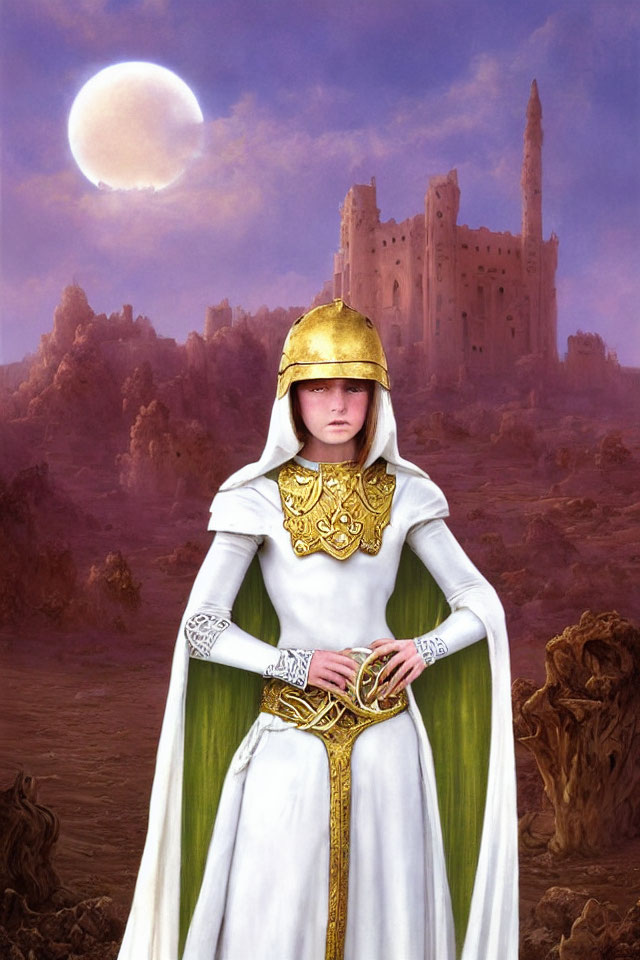 Ornate white and gold armored knight in moonlit castle scene