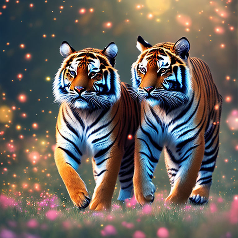 Vibrant digitally illustrated tigers in fantastical field with glowing stripes