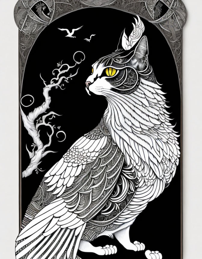 Detailed Black and White Cat Illustration with Yellow Eye and Celtic Border