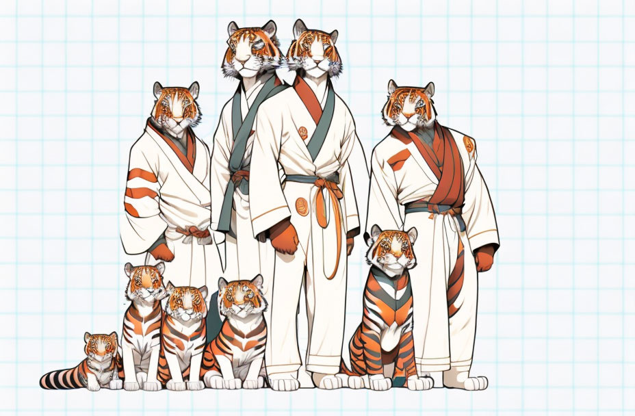 Anthropomorphic Tigers in Traditional Robes Against Grid Background