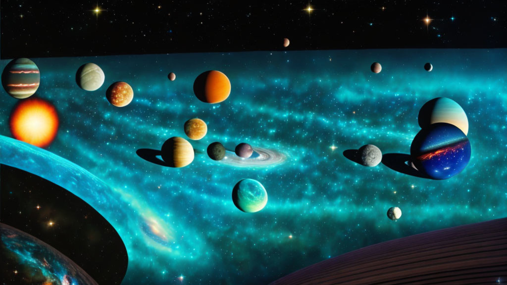 Colorful cosmic artwork featuring planets and moons in a starry galaxy